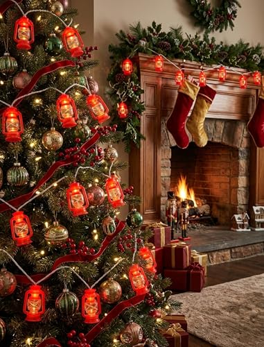 LED Kerosene String Lights, 8.5Ft Outdoor Lantern String Lights with 10 Red Oil Lights, Connectable Vintage Fairy Decorative for Christmas Lights Patio Bedroom Camping Wedding Garden Holiday - color: Red Oil Lights