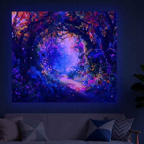 CRAFTYMELODY Tree Blacklight Tapestry Glow in the Dark Tapestry UV Reactive Colorful Flower Forest Wall Hanging 59×51 Inch with Hook Self Adhesive Sticker Clip for Bedroom Home Wall Decoration - color: Tree Flower