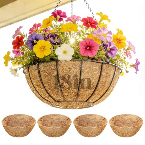 ANPHSIN 4Pcs 18inch Coconut Liners for Hanging Baskets Planters - Made of 100% Natural Coco Coir Fiber, Thick Breathable Round Liner for Outdoor Porch Garden Flower - size: 18in