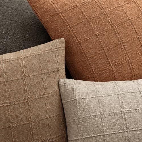 Foindtower Set of 1 Decorative Linen Check Throw Pillow Cover Neutral Farmhouse Vintage Cushion Cover Modern Boho Home Decor for Sofa Chair Couch Bedroom Living Room,16×16 Inch,Orange - color: Autumnal, size: 16" x 16" (Pack of 1)