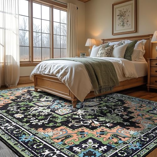 5x7 Area Rugs, Vintage Washable Area Rug for Living Room, Floral Boho Area Rugs for Bedroom, Office, Non-Slip Colorful Rug, Traditional Vintage Style, Plush Low-Pile Soft Carpet, Dark Green - color: Dark Green, size: 5' x 7' (Rectangular)