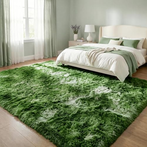 DweIke Fluffy Dark Green Rugs for Bedroom Living Room, 3x5 Feet Soft Plush Shaggy Tie-Dyed Forest Moss Green Girls Boys Kids Rug, Non-Slip and Machine Washable Carpet for Dorm Nursery Decor - color: Dark-green, size: 3 Ft X 5 Ft