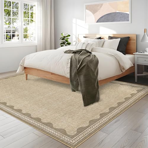 Garvee Modern Bordered Rugs for Living Room 8x10 Large Washable Rug Non Slip Low Pile Ultra Soft Carpet Foldable Non Shedding Stain Resistant Floor Cover for Bedroom Playroom Nursery Office Dorm Jute - color: Border Jute, size: 8' x 10' (Rectangular)