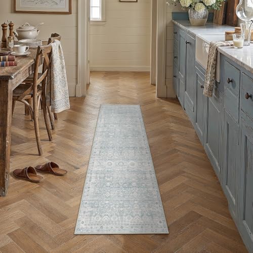 2x6 Blue Washable Neutral Runner Rug for Living Room Distressed Floral Non Slip Low Pile Runner Indoor Vintage Stain Resistant Distressed Carpet Bedroom Hallway Kitchen Bathroom Entryway - color: Accent | Blue, size: 2'x6'