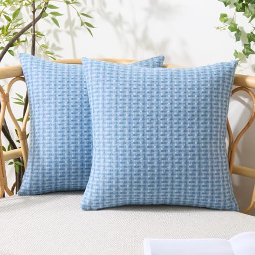 UGASA Outdoor Waterproof Pillow Covers Pack of 2 Weaving Texture Water Resistant Outside Decorative Pillow Cases for Patio Garden Porch Yard Bench Tent 16x16 Inch, Light Blue - color: Light Blue, size: 16" x 16" (Pack of 2)