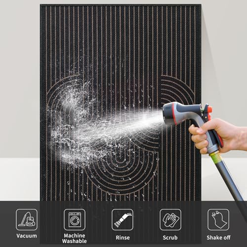 Tangsoo Black Geometric Easy Jute Rug, 2x3 Washable Ultra Thin Foldable Rug for Entryway, Non-Slip Rainbow Outdoor Mat Throw Carpet for Kitchen Bedroom Front Porch Doorway Entrance - color: Black Semicircle, size: 2x3ft