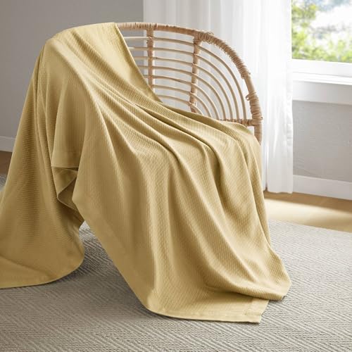 Madison Park 100% Egyptian Cotton Lightweight Summer Blanket, Breathable Waffle Knit Design, Soft Cozy All-Season Throw for Bed, Couch or Sofa, Mustard Yellow Twin Size (66"x90") - color: Mustard, size: Twin