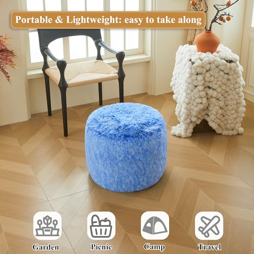 XeGe Fluffy Faux Fur Inflatable Pouf Ottoman, Soft Shaggy Fuzzy Foot Stool, Plush Furry Foot Rest Floor Pouf Anti-Slip, Foldable Round Ottoman Cushion Living Room Bedroom Home Decor, Ombre Blue - color: Ombre Blue, size: 20"x20"x16"