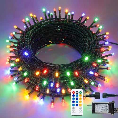 Hopolon Christmas String Lights Outdoor, 33 FT 100 LED Extendable Green Wire Twinkle Lights with Remote, 8 Modes Waterproof Fairy Light Plug in for Xmas Tree Wedding Party Patio Indoor (Multicolor) - color: Multicolor, size: 100 LED with Remote