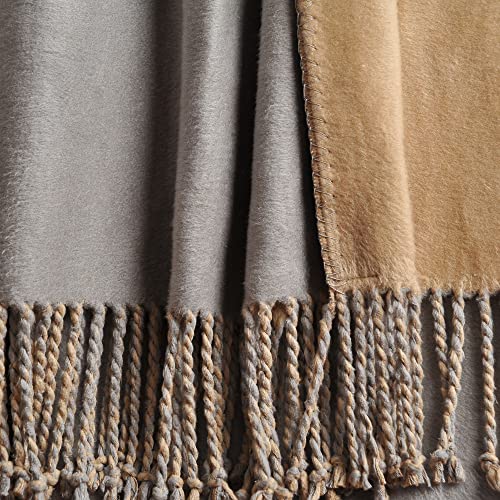 EP Mode Reversible Fringed Mulberry Silk Throw Blanket for Sofa (Light Grey/Beige) - color: Light Grey/ Beige
