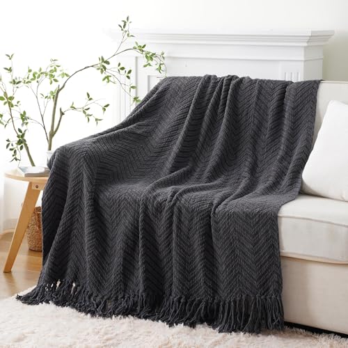 BATTILO HOME Dark Grey Throw Blanket for Couch, Knit Charcoal Throw Blanket Versatile for Chair, 60 x 80 Inch - Super Soft Warm Grey Blanket with Tassels for Bed, Sofa and Living Room - color: Grey, size: 60"x80"