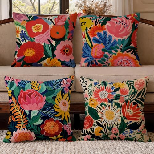 OBSEDE Floral Decorative Throw Pillow Covers 18x18 Set of 4, Double-Sided Print Soft Pillow Cases for Couch Sofa Bed Living Room Decor - color: Warm Botanical Chromatic Art, size: 18" x 18" (Pack of 4)