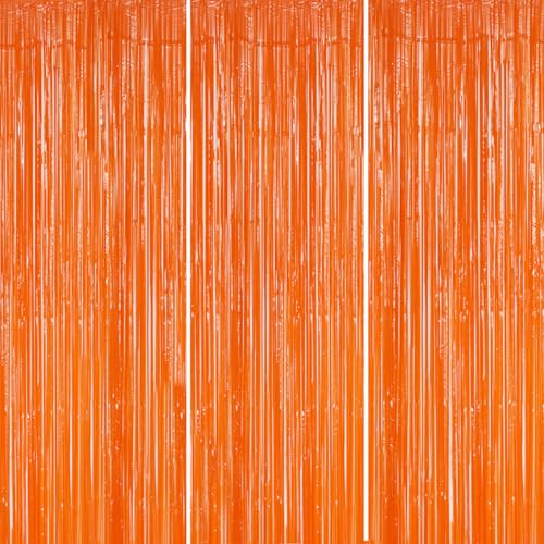 DECOCKRAT 3 Pack Foil Fringe Backdrop - Orange Shiny Tinsel Curtains for Party Decoration/Photo Booth Props - 3.3x8.2 FT Metallic Foil Backdrop for Birthday, Wedding, Graduation, Christmas. - color: Orange