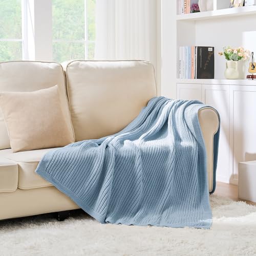 Chunky Knit Blue Throw Blanket for Couch Soft Cozy Thick Cable Knitted Throw Blankets for Sofa Bed Cute Decorative Throw Blanket for Living Room,50"x 60",Light Blue - color: Light Blue, size: 50"x 60"
