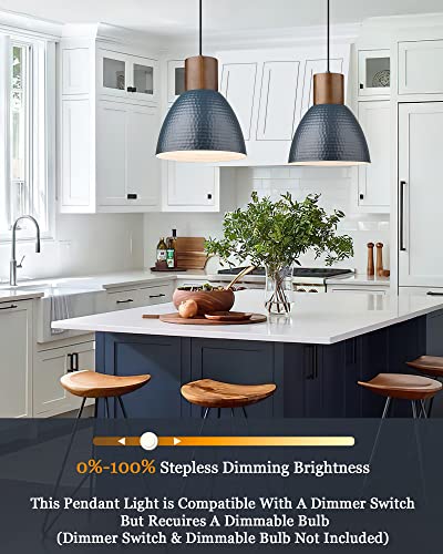 ELYONA Hammered Pendant Light for Kitchen Island, 10.2” Metal Solid Wood Bar Hanging Lamp, Adjustable Height Industrial Pendant Lighting for Dining Room, Bedroom, Bar, Office, Modern Blue - color: Blue - 1 Pack