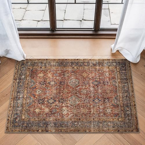 Bloom Rugs Washable Non-Slip 2' x 3' Rug - Terracotta/Mustard Traditional Oriental Area Rug for Living Room, Bedroom, Dining Room, and Kitchen - Exact Size: 2' x 3' - color: Terracotta / Mustard, size: 2' x 3' (Rectangular)