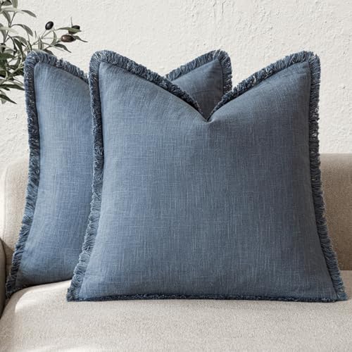 Foindtower Set of 2 Decorative Linen Fringe Throw Pillow Covers Cozy Farmhouse Cushion Cover with Tassels Accent Pillowcase for Couch Chair Sofa Bed Living Room Home Decor,16×16 Inch,Dark Blue - color: Blue Ashes, size: 16" x 16" (Pack of 2)