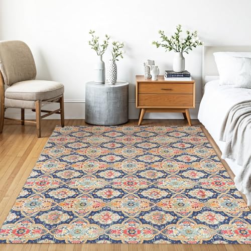 Boho Vintage Flower Washable Area Rug 5 x 7 Ft, Bohemia Retro Floral Soft Non Slip Large Rugs Indoor Home Decor, Entryway Floor Carpet Living Room Bedroom Kitchen Dining Room Decoration