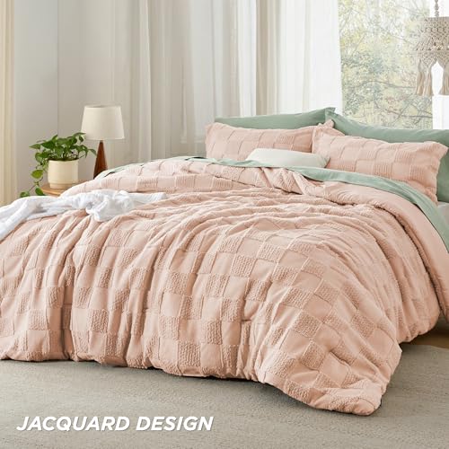 Bedsure Twin/Twin XL Comforter Set Dusty Rose, Boho Tufted Bed Set, Checkered Farmhouse-Style Distressed Vintage Bedding, 2 Pieces, 1 Plaid Geometric Comforter and 1 Pillow Sham - color: 05 - Dusty Rose - Tufted Checkboard, size: Twin/Twin XL