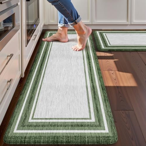 KIMODE Kitchen Mats Cushioned Anti Fatigue, Farmhouse Kitchen Rugs Sets of 2, Non Slip Kitchen Mats for Floor, Comfort Dark Green Kitchen Floor Mats for Home Decor Sink Laundry Desk 17"x47"+17"x29" - color: Dark Green, size: 17.3" x 47 "+ 17.3" x 29 "--0.