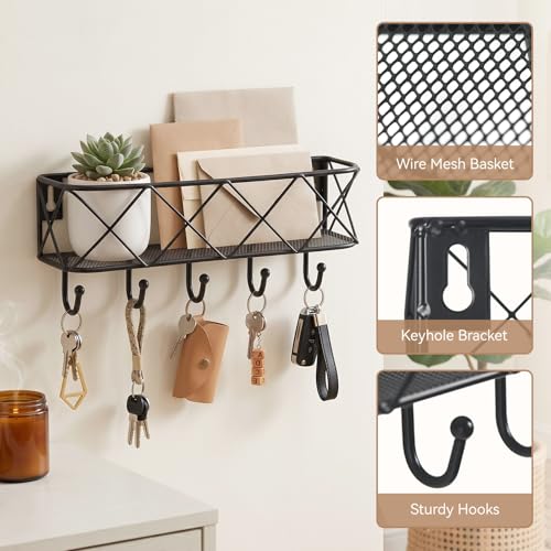 HappyHapi Key Holder for Wall Decorative, Entryway Key Hooks, Wall Mounted Key Rack with 5 Hooks, Metal Wire Mesh Basket Mail Holder, 9.8”Lx2.1”Wx4.1”H