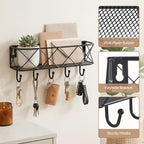HappyHapi Key Holder for Wall Decorative, Entryway Key Hooks, Wall Mounted Key Rack with 5 Hooks, Metal Wire Mesh Basket Mail Holder, 9.8”Lx2.1”Wx4.1”H