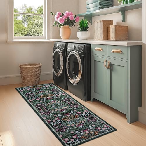 Runner Rug for Entryway: 2x5 Kitchen Rugs Non Slip Washable Ultra-Thin Soft Floral Carpet Indoor Floor Stain Resistant Carpets for Hallway Bedroom Kitchen Laundry Bathroom Dorm Dark Green - color: Dark Green, size: 2' x 5' (Runner)