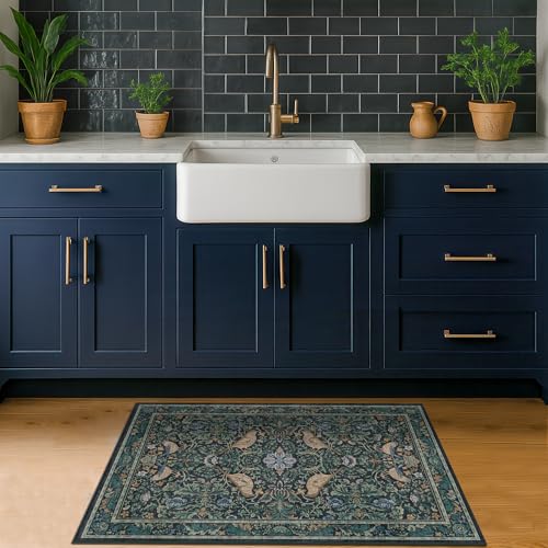 Hazo Haus Washable Floral Small 2x4 Thin Door Mats for Inside Entry, Dark Blue Bird Non Slip Kitchen Rug, Low Pile Bathroom Rug, Traditional Carprt for Bedroom Besdide Bed - color: Blue, size: 2' x 4' (Rectangular)