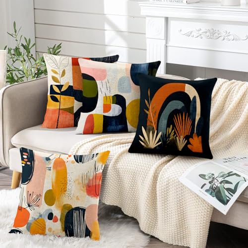 BVBOX Set of 4 Linen Throw Pillow Covers 18"x18", Soft Flax Scandinavian Abstract Boho Decorative Pillow Cases, Double-Sided Abstract Botanical Pillow Covers for Bed, Sofa, Couch, Living Room, Bedroom - color: Colorful Geometry 1