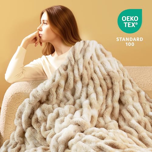 Faux Rabbit Fur Throw Blanket, Ultra Soft Plush Cozy Blanket for Couch Bed, Thick Fluffy Ruched Tie-Dye Decorative Blanket, Giftable,50"x60",Tie-Dye Khaki - color: Tie-dye Khaki, size: Throw(50"x60")