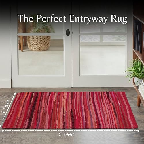 Cotton Hand Woven Chindi Rug 2x3 Feet - Red, Reversible Accent Pink Area Patio Door Mat Ideal for Entryway, Kitchen, Nursery Room, Bedroom | Farmhouse Rustic Floor Décor Rag Rugs for Balcony - color: Red, size: 2 x 3 feet
