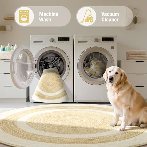 Carvapet 4 ft Round Washable Rug, Imitation Jute Low Pile Circle Carpet with Non Slip Rubber Backing, Foldable Stain Resistant Area Rug for Living Room Bedroom Office Bathroom - color: Sand, size: 4' (Round)