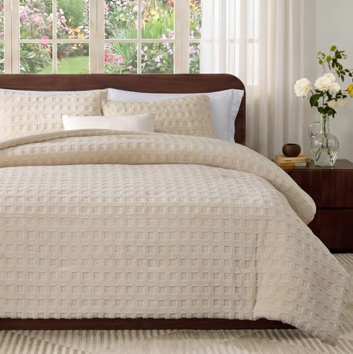 Amélie Home Waffle Textured Fleece Comforter Set King Size, Khaki Fleece Beding Set, Fluffy Plush Bedding Set ，Super Soft Warm,3 Pieces, 1 Cozy Comforter and 2 Pillowcases - color: Waffle Khaki, size: King (106"x90")