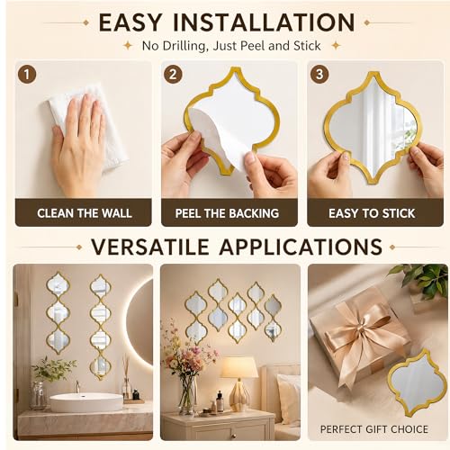 12Pcs Acrylic Mirrors for Wall Decor - Moroccan Diamond Shaped Wall Stickers,DIY Self-Adhesive Decorative Mirror Tiles for Living Room, Bedroom, Office, and Wedding Party Decor - color: Gold