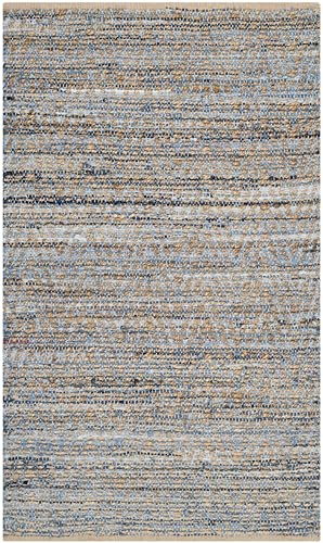 SAFAVIEH Cape Cod Collection Accent Rug - 4' x 6', Natural & Blue, Handmade Flat Weave Coastal Braided Jute, Ideal for High Traffic Areas in Entryway, Living Room, Bedroom (CAP350A)