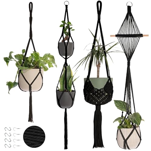Nook Theory 4-Pack Macrame Plant Hangers with 8 Hooks - Hanging Planters for Indoor Plants, Boho Macrame Hangers Indoor Outdoor, Decorative Plant Hanger Indoor (Black) - color: 4-pack Black