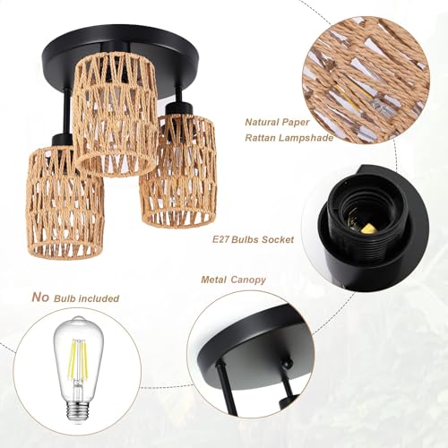 Surpars House Boho Rattan Ceiling Light Fixture, Mini Rattan Chandelier Lighting Fixture, Hand Woven Ceiling Light Fixtures for Hallway Bedroom Kitchen Entryway Living Room (Brown) - color: Brown