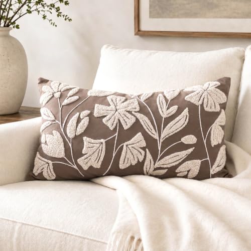 BlissBlush Decorative Lumbar Pillow Cover 12x20 Inch, Taupe Brown Floral Tufted Velvet Accent Pillow Case for Sofa Bed Living Room, Cover Only - color: Taupe, size: 20" x 12" (Pack of 1)