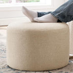 Boho Round Ottoman, Soft Pouf Ottoman, Farmhouse Footstool with Soft Padded Seating & Solid Wood Frame, Upholstered Vanity Stool Accent Seat for Living Room, Bedroom, Beige Woven Linen - color: Beige Weaving Linen Rope, size: Set of 1