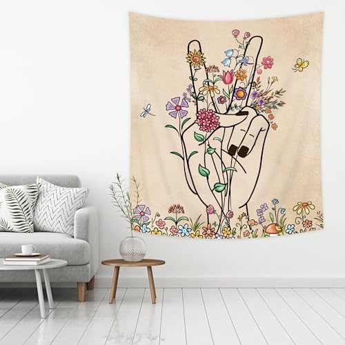 SVBright Peace and Love Beige Tapestry Abstract Hand Flower Botanical Wall Hanging 51Wx59H Inch Minimalist Hippie Floral Line Art Colorful Modern Finger Home Decor for Living Room Bedroom Dorm Fabric - color: Abstract Hand, size: 59"L x 51"W