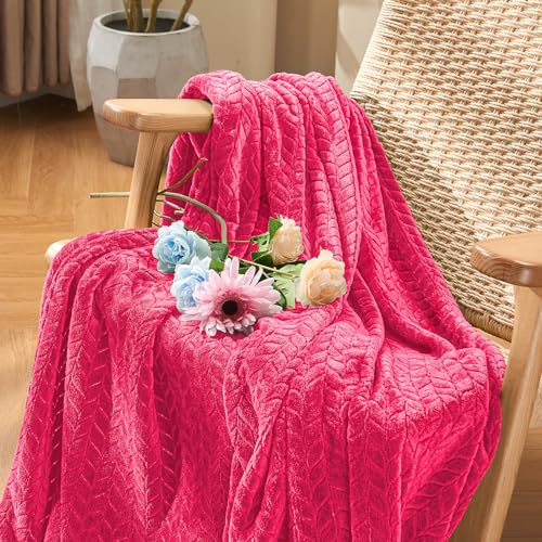 inhand Hot Pink Fleece Twin Blanket, Lightweight Leaves Pattern Fuzzy Blanket for Couch Sofa, All Season Use, 60 x 90 Inches - color: Hot Pink, size: Twin/Twin XL-60x90 IN