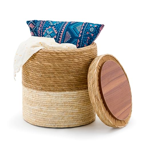 Wimarsbon Storage Pouf Ottoman, Hand Weaving Natural Straw Foot Stool, Bohemian Round Patio Ottomans, Rustic Lounge Pouffe, Outdoor Extra Seat for Garden (14inch Cattail+Beige Corn Husk L) - color: 14inch Cattail+beige Corn Husk L