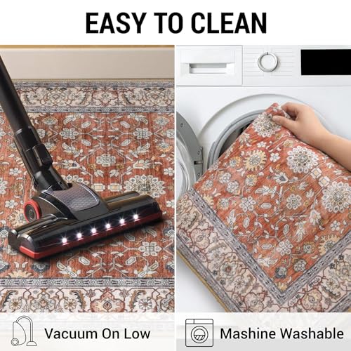 KUTA Runners for Hallways 2x5 ft, Vintage Floral Rug Non-Slip Washable Kitchen Bathroom Rugs Red Clay Ultra Thin Soft Printed Distressed Flower Carpet Entryway Rugs for Bedroom Laundry Nursery - color: Red Clay, size: 2' x 5' (Runner)