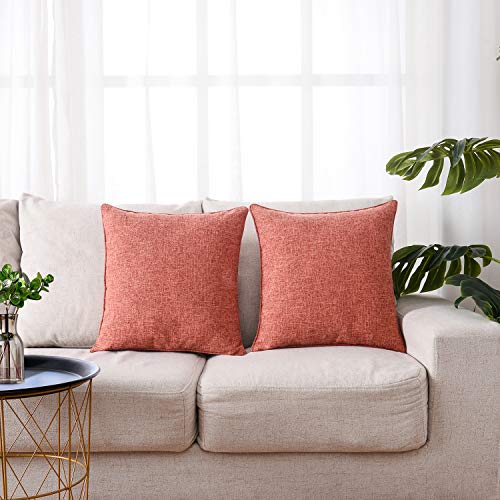 HPUK Linen Throw Pillow Covers Pack of 2, 18x18 Inch Accent Cushion Covers for Living Room, Bedroom, Decorative Solid Color Pillow Covers for Couch, Sofa, Chair, Coral - color: Coral-2pack, size: 18" x 18" (Pack of 2)