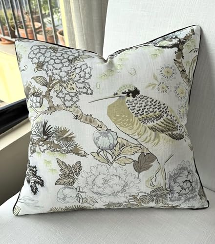 VAGMINE Chinoiserie Bird Floral 20x20 Inch Throw Pillow Cover - Sage Ivory Peony Hydrangea Print on Textured Polyester - Cushion Case for Couch Sofa - Nostrich - color: Nostrich, size: 20" x 20" (Pack of 1)