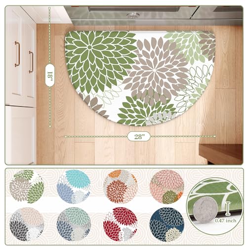 KIMODE Half Circle Kitchen Mats for Floor Cushioned Anti Fatigue,Semi Round Dahlia Boho Kitchen Rug Non Slip,Sage Green Waterproof Kitchen Carpet Decor for Sink Office Laundry Bathroom,18" x 28" - color: Sage Green, size: 28" x 18" (1 PC)--0.47 inches
