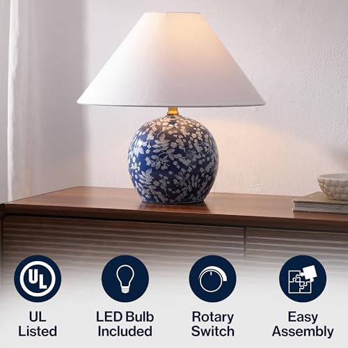 JONATHAN Y 17.25" Blue/White Modern Cottage Floral Ceramic Globe Table Lamp for Bedroom, White Linen Shade, LED Bulb Included, French Country Home Decor JYL5508A - color: Blue/White