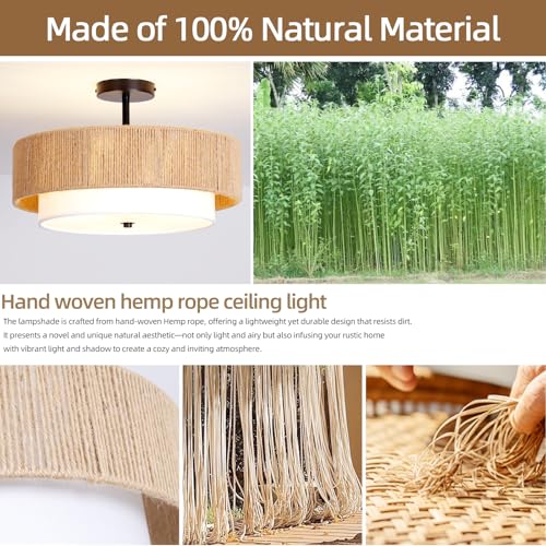 Bohemian Semi Flush Mount Ceiling Light - 18 Inch Handmade Hemp Rope Shade (Fabric Lining), Farmhouse Pendant, E26 Base, Max 60W (Bulbs Excluded), for Dining, Living, Bedroom, Kitchen - color: 18'' Hemp rope&Fabric Gold