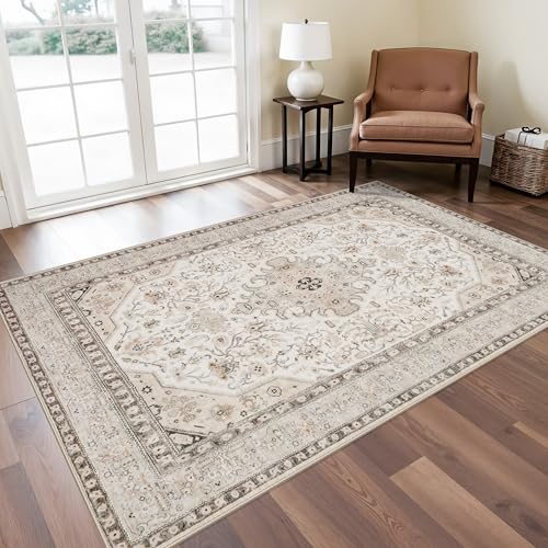 4x7 Rug Entryway Washable: Oriental Area Rugs for Kitchen - Ultra Thin Low Pile Stain Resistant Carpet - Home Decor for Vintage Style Lover (4x7 Ivory/Multi) - color: Ivory, size: 4' x 7' (Rectangular)