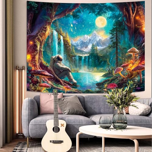 Zussun Mushroom Forest Tapestry Astronaut Nature Waterfull Snow Mountain Tapestry for Bedroom Aesthetic Fairy Moon Landscape Small Tapestries Wall Hanging for Dorm Living Room Decor 48 x 36 Inch - color: Cold Green, size: 48"L x 36"W